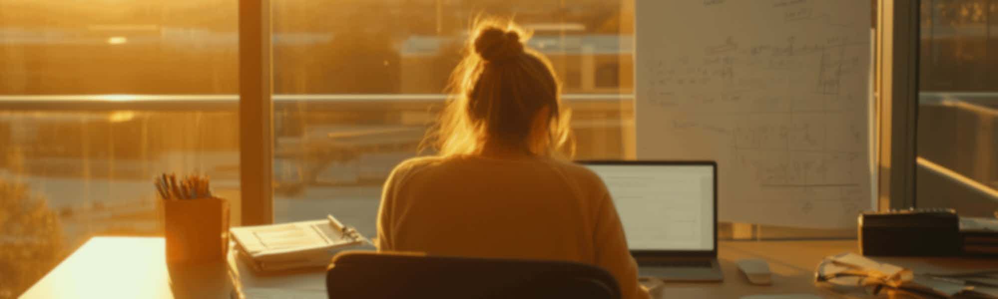 Graduate student, woman studying at desk focusing on writing research with laptop.