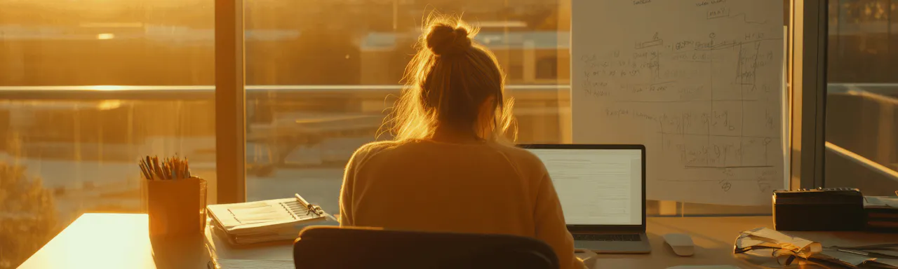 Graduate student, woman studying at desk focusing on writing research with laptop.