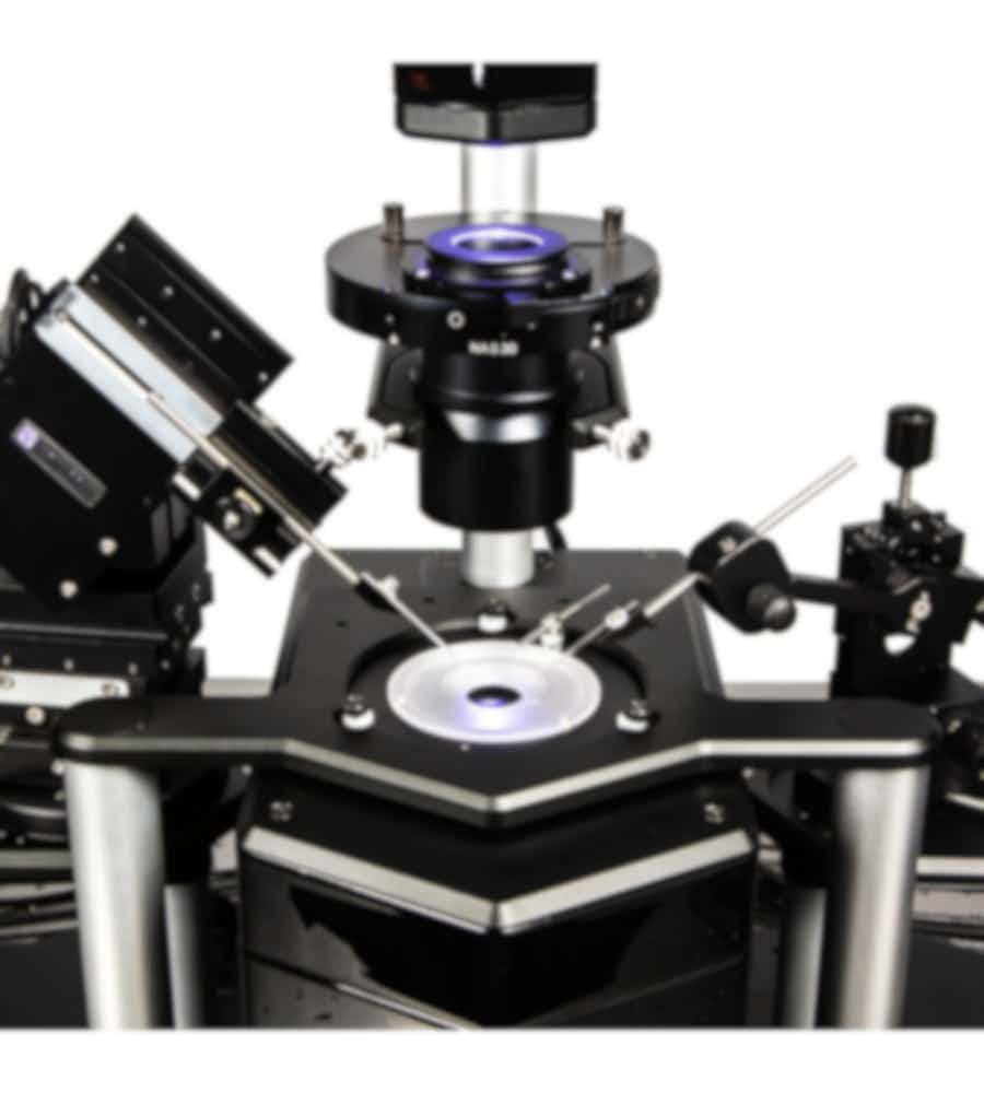 A complete patch clamp rig, perfect for pharmacological studies or other cultured cell stimulation.