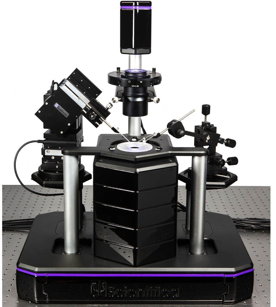 A complete patch clamp rig, perfect for pharmacological studies or other cultured cell stimulation.