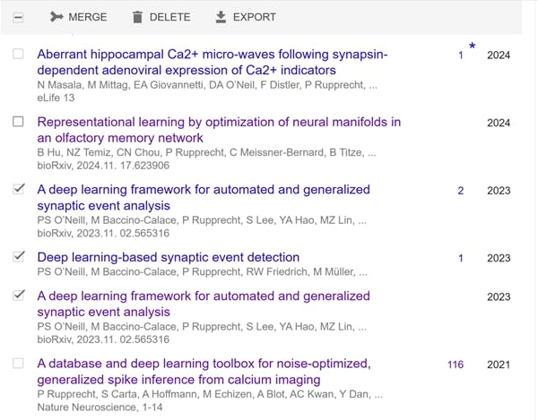 Image showing how to merge duplicate entries on Google Scholar if multiple versions of the same study appear separately.