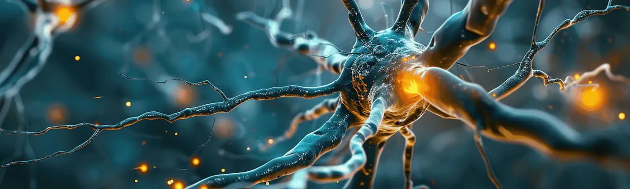 Close-up of a neuron with glowing synapses and branching dendrites, representing neural activity in a complex network